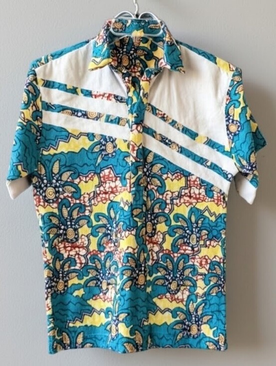 Unknkown Other - Ankara Short-Sleeve Turquoise & Yellow Print Pullover Slim-Fit Shirt, L